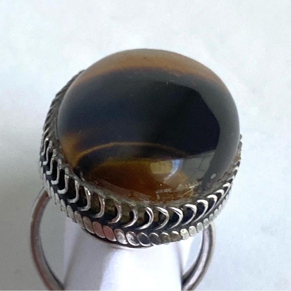 Vintage Tigers Eye Sterling Silver Ring Cocktail Oval Cabachon Stone Size 6 - Picture 7 of 13